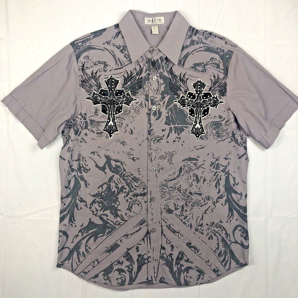 Fame Men's Shirt Gray Cross Wings Stones Embellished Button Up Short Sleeve XL‎